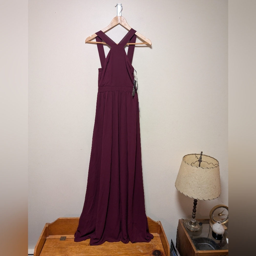 Lulus Burgundy Maxi Dress XS NWT Cross Back Formal Gown